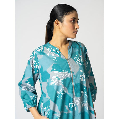 Klad Dots Blue Mandarin Neck Zipper Dress