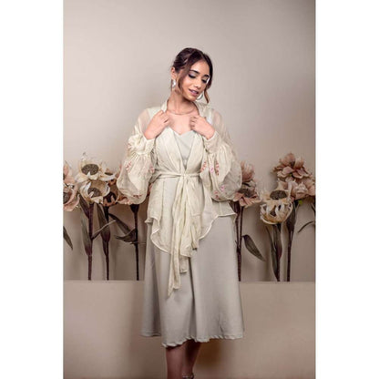 Kosha By Nilima Bloomed Mint Green Dress with Jacket and Belt (Set of 3)