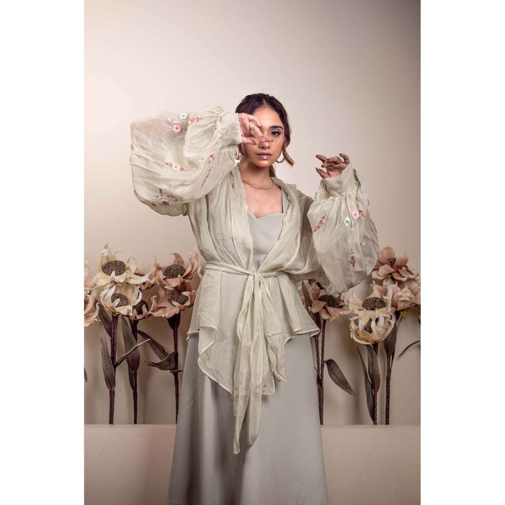 Kosha By Nilima Bloomed Mint Green Dress with Jacket and Belt (Set of 3)