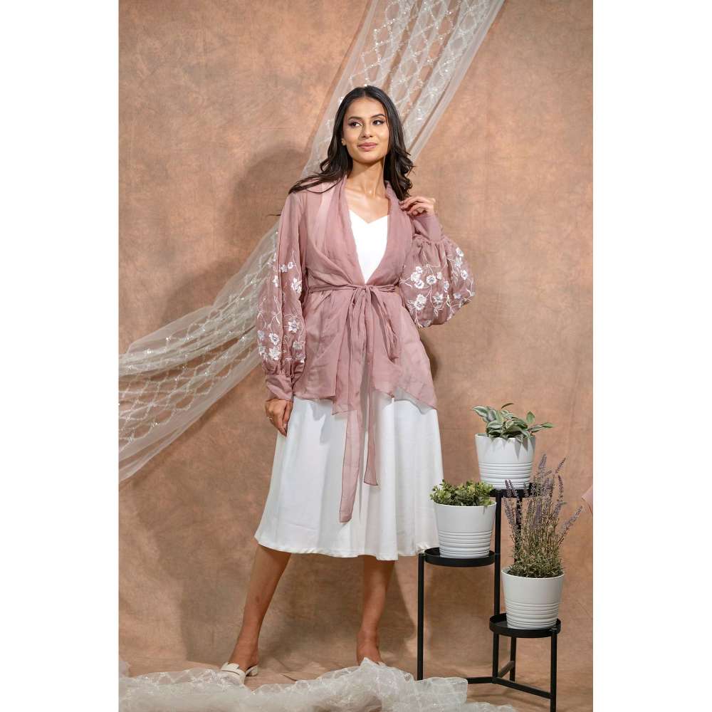 Kosha By Nilima Bloomed Nude Jacket with Dress and Belt (Set of 3)