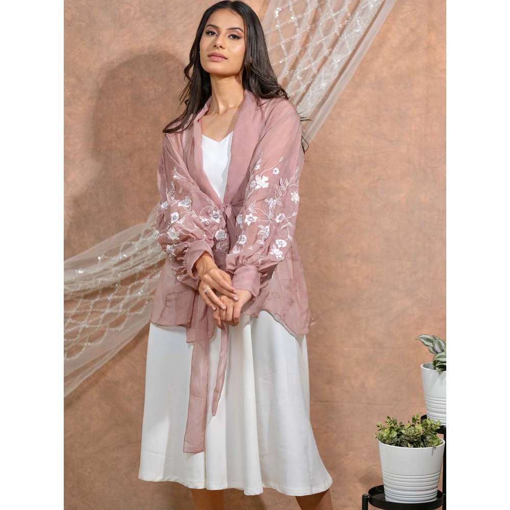 Kosha By Nilima Bloomed Nude Jacket with Dress and Belt (Set of 3)