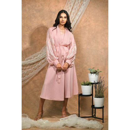 Kosha By Nilima Bloomed Peach Jacket with Dress and Belt (Set of 3)