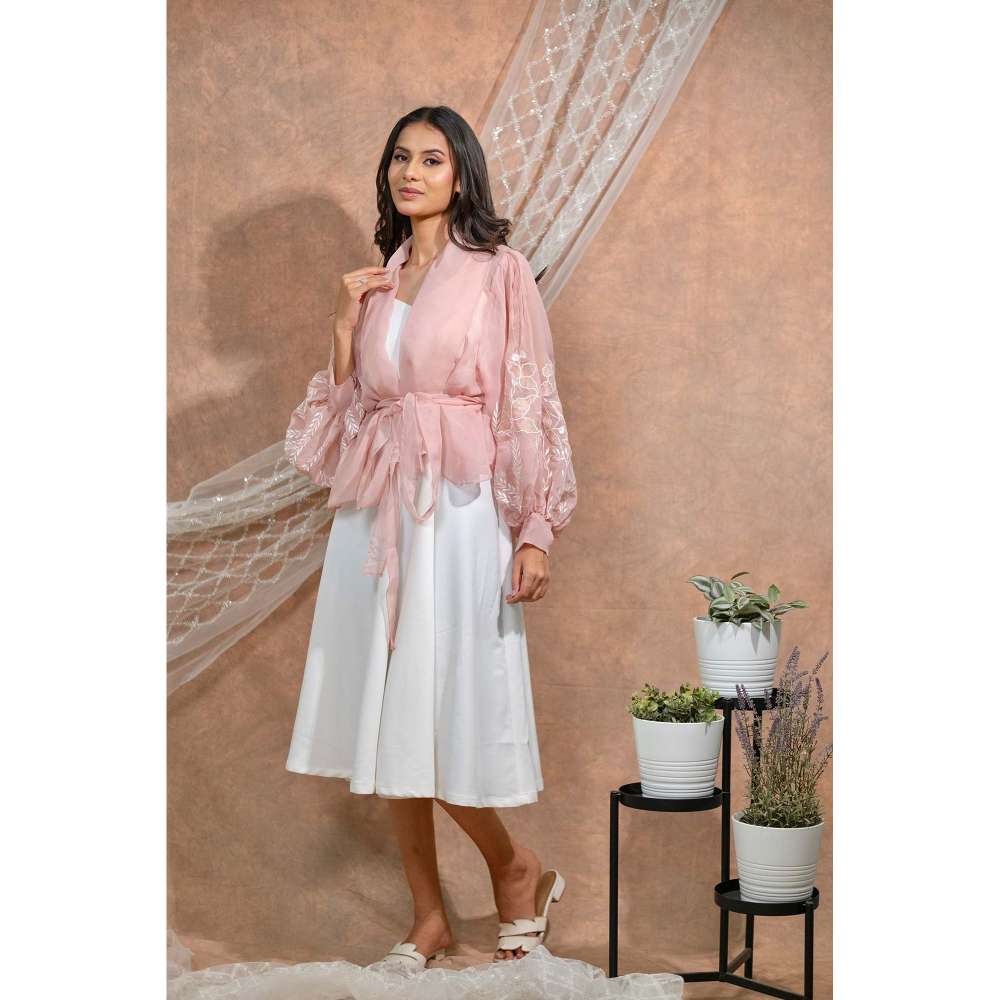 Kosha By Nilima Bloomed Peach Jacket with Dress and Belt (Set of 3)