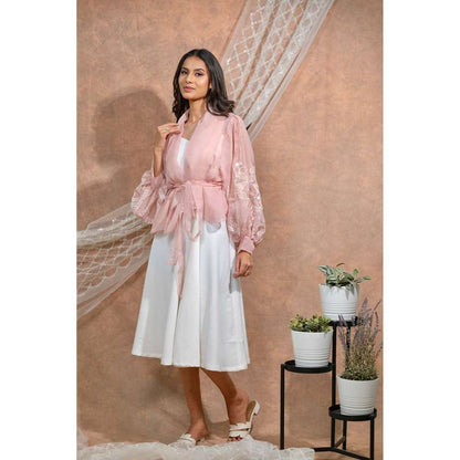 Kosha By Nilima Bloomed Peach Jacket with Dress and Belt (Set of 3)