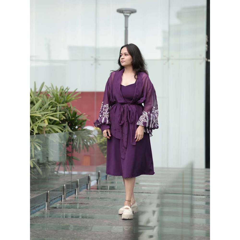 Kosha By Nilima Bloomed Purple Jacket with Dress and Belt (Set of 3)