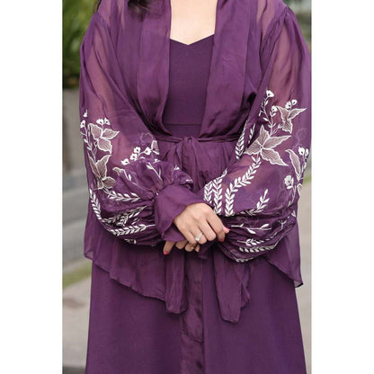 Kosha By Nilima Bloomed Purple Jacket with Dress and Belt (Set of 3)