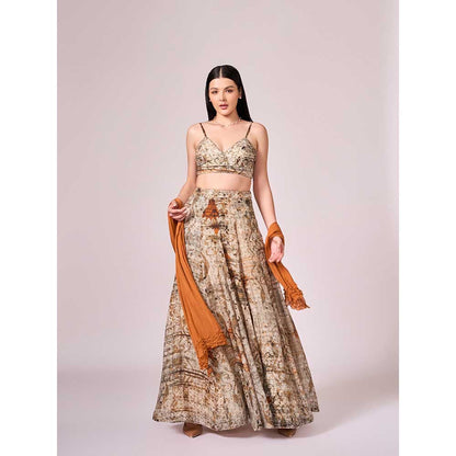 KOSWI Browns Abstract Print Lehenga with Blouse and Dupatta (Set of 3)