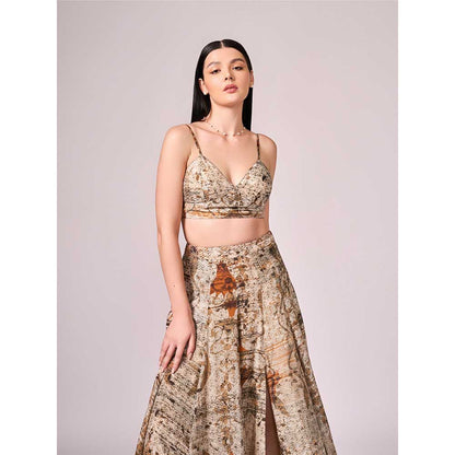 KOSWI Browns Abstract Print Lehenga with Blouse and Dupatta (Set of 3)