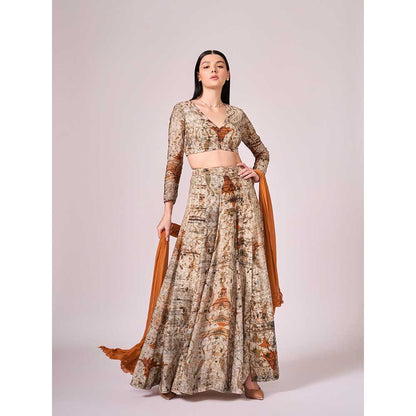 KOSWI Browns Abstract Print Lehenga with Blouse and Dupatta (Set of 3)