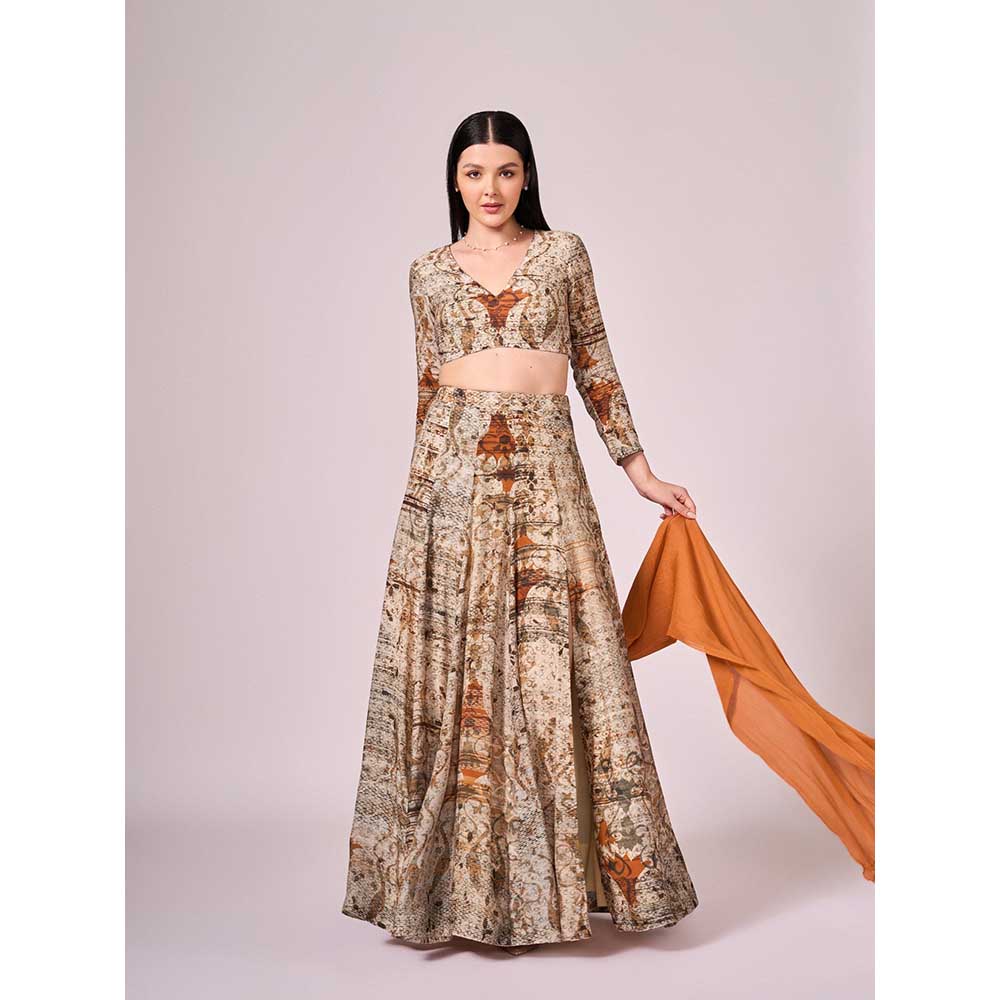 KOSWI Browns Abstract Print Lehenga with Blouse and Dupatta (Set of 3)