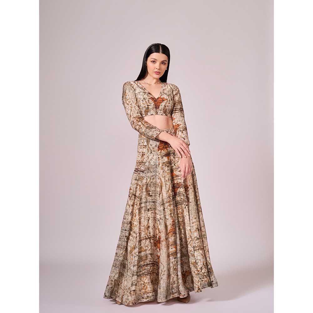 KOSWI Browns Abstract Print Lehenga with Blouse and Dupatta (Set of 3)