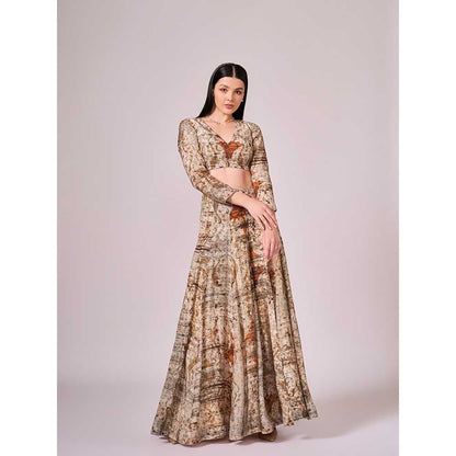 KOSWI Browns Abstract Print Lehenga with Blouse and Dupatta (Set of 3)