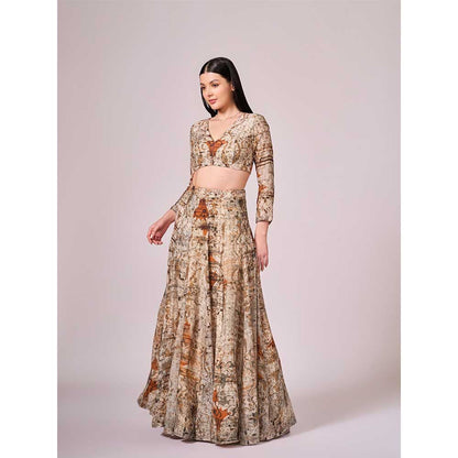 KOSWI Browns Abstract Print Lehenga with Blouse and Dupatta (Set of 3)