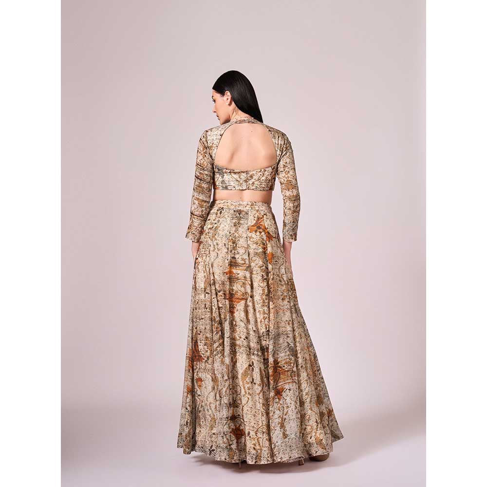KOSWI Browns Abstract Print Lehenga with Blouse and Dupatta (Set of 3)