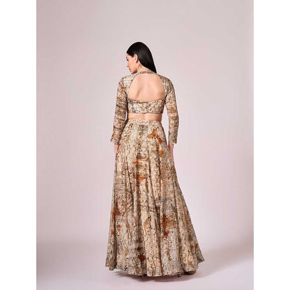 KOSWI Browns Abstract Print Lehenga with Blouse and Dupatta (Set of 3)