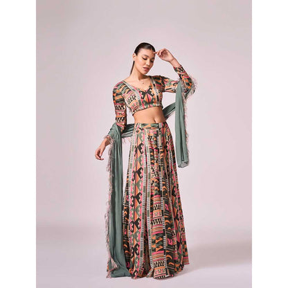 KOSWI Multi Coloured Geometric Print Lehenga with Blouse and Dupatta (Set of 3)