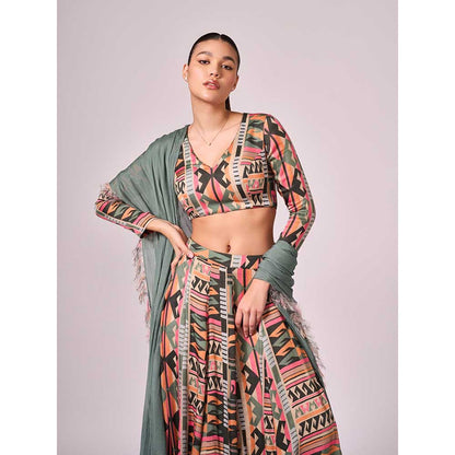 KOSWI Multi Coloured Geometric Print Lehenga with Blouse and Dupatta (Set of 3)