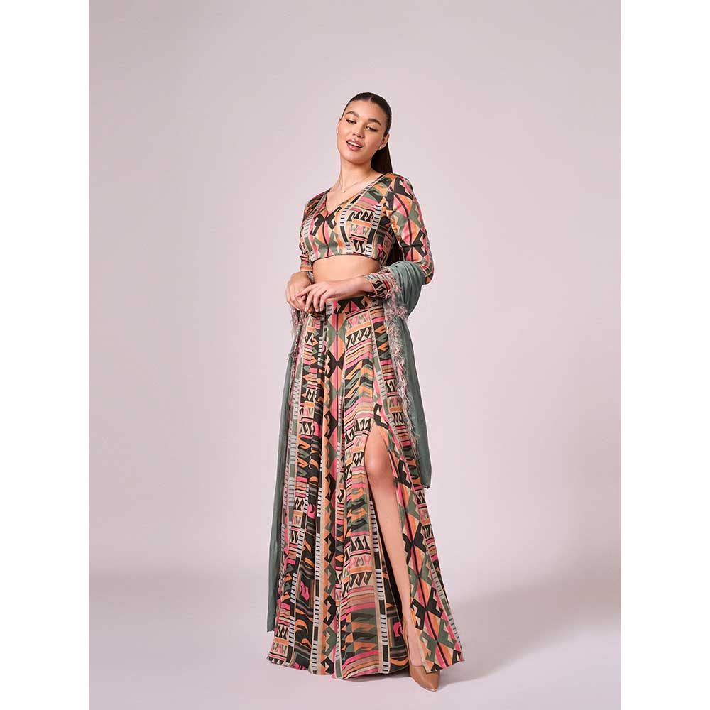 KOSWI Multi Coloured Geometric Print Lehenga with Blouse and Dupatta (Set of 3)