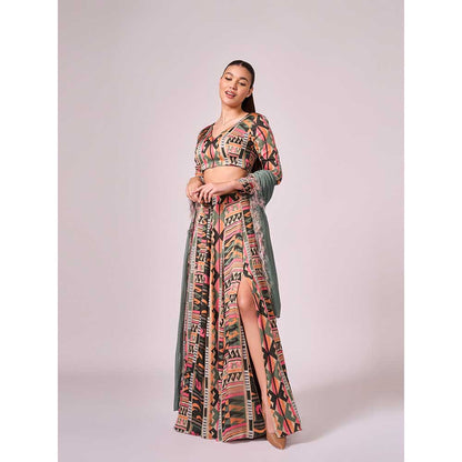 KOSWI Multi Coloured Geometric Print Lehenga with Blouse and Dupatta (Set of 3)