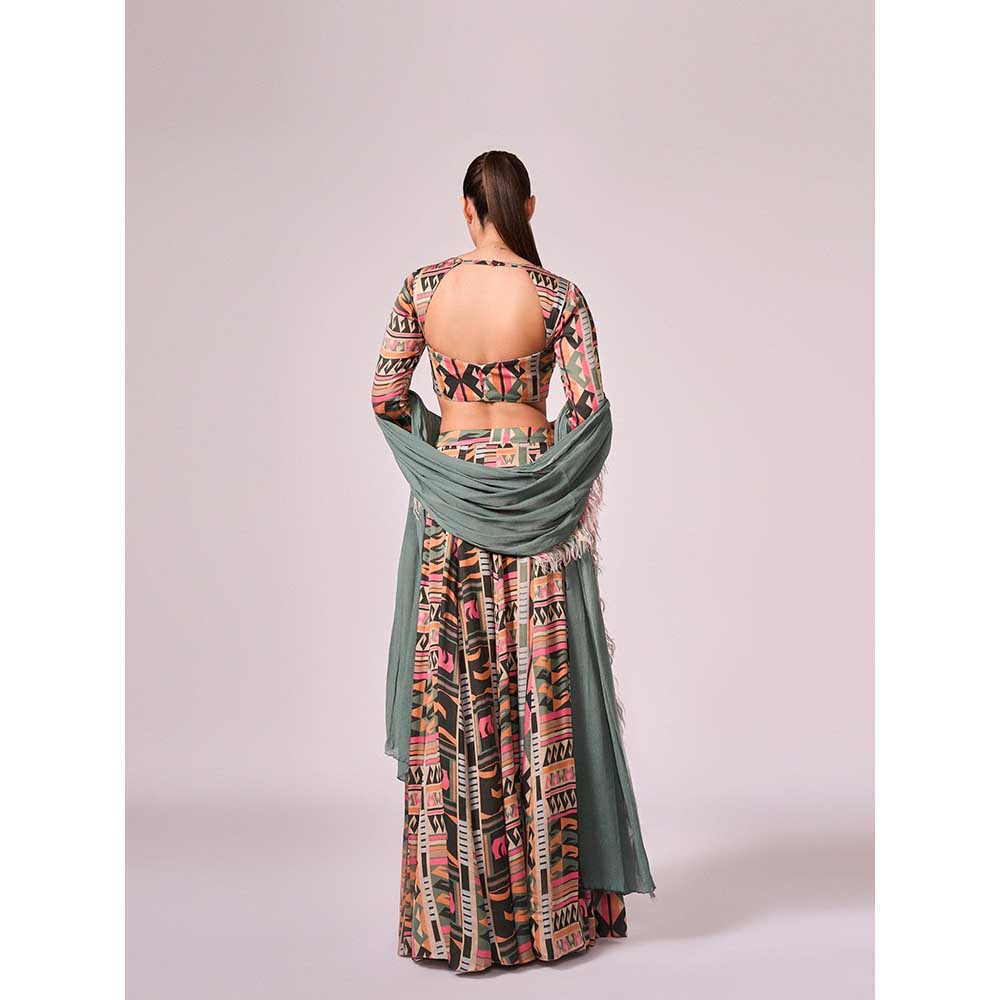 KOSWI Multi Coloured Geometric Print Lehenga with Blouse and Dupatta (Set of 3)