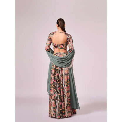 KOSWI Multi Coloured Geometric Print Lehenga with Blouse and Dupatta (Set of 3)