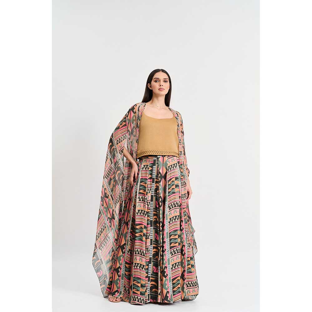 KOSWI Multi Coloured Geometric Print Lehenga with Blouse and Cape (Set of 3)