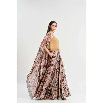 KOSWI Multi Coloured Geometric Print Lehenga with Blouse and Cape (Set of 3)