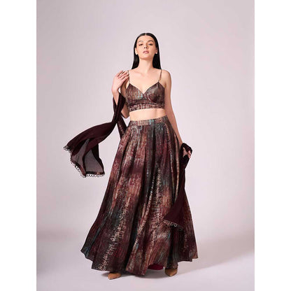 KOSWI Maroon Print Lehenga with Blouse and Dupatta (Set of 3)