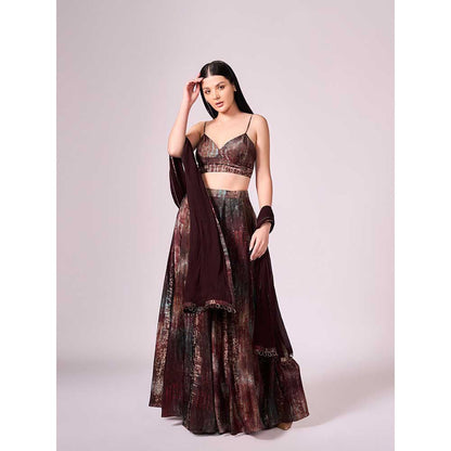 KOSWI Maroon Print Lehenga with Blouse and Dupatta (Set of 3)