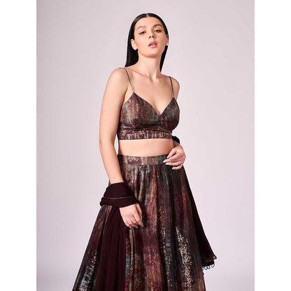 KOSWI Maroon Print Lehenga with Blouse and Dupatta (Set of 3)