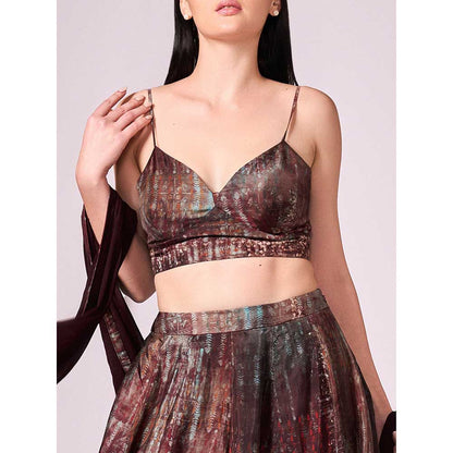 KOSWI Maroon Print Lehenga with Blouse and Dupatta (Set of 3)