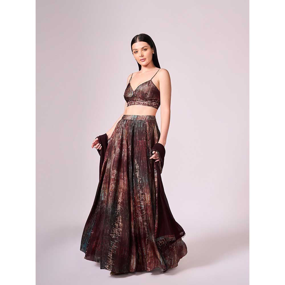 KOSWI Maroon Print Lehenga with Blouse and Dupatta (Set of 3)