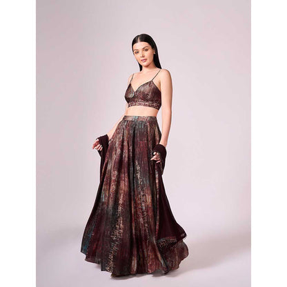 KOSWI Maroon Print Lehenga with Blouse and Dupatta (Set of 3)