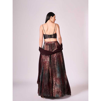 KOSWI Maroon Print Lehenga with Blouse and Dupatta (Set of 3)