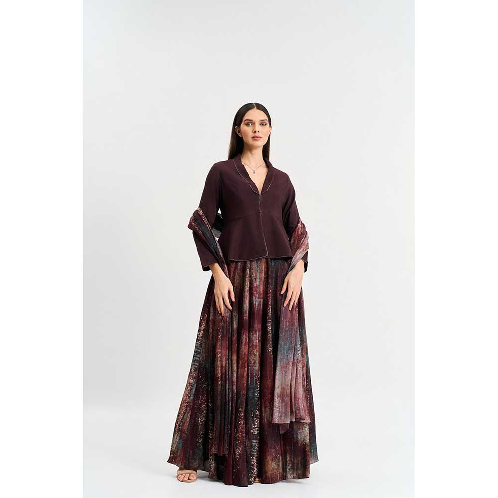 KOSWI Maroon Print Lehenga with Top and Dupatta (Set of 3)