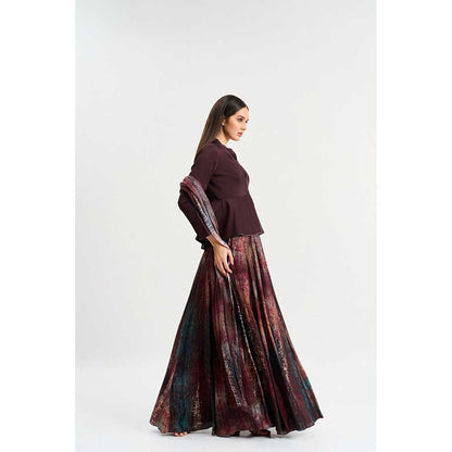 KOSWI Maroon Print Lehenga with Top and Dupatta (Set of 3)