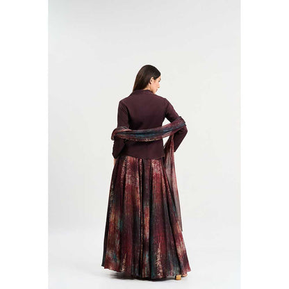 KOSWI Maroon Print Lehenga with Top and Dupatta (Set of 3)