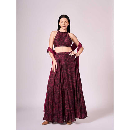KOSWI Maroon Cherry Print Lehenga with Blouse and Dupatta (Set of 3)