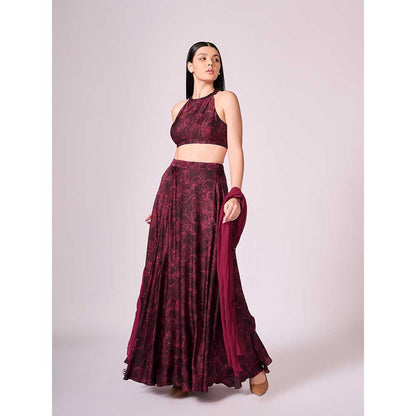 KOSWI Maroon Cherry Print Lehenga with Blouse and Dupatta (Set of 3)