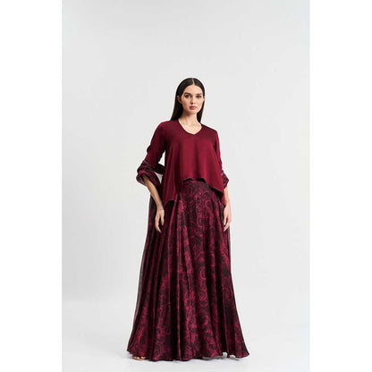 KOSWI Maroon Cherry Print Lehenga with Top and Dupatta (Set of 3)