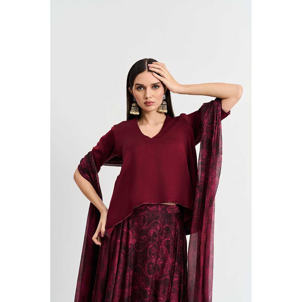 KOSWI Maroon Cherry Print Lehenga with Top and Dupatta (Set of 3)