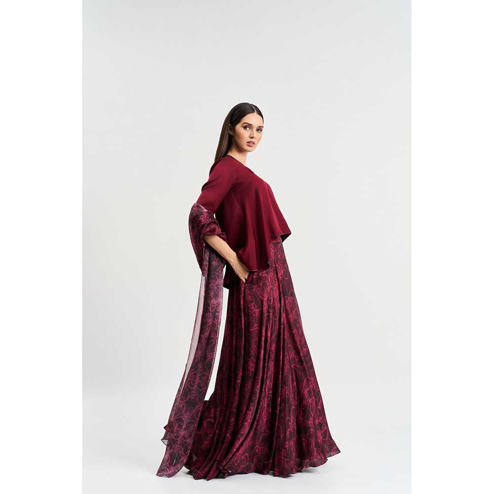 KOSWI Maroon Cherry Print Lehenga with Top and Dupatta (Set of 3)