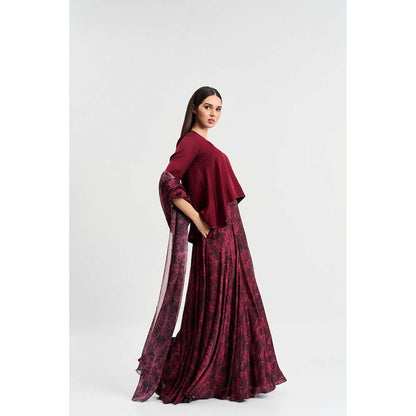 KOSWI Maroon Cherry Print Lehenga with Top and Dupatta (Set of 3)