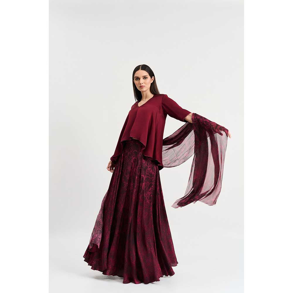 KOSWI Maroon Cherry Print Lehenga with Top and Dupatta (Set of 3)