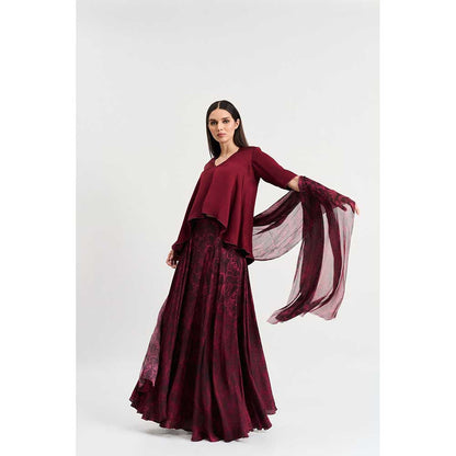 KOSWI Maroon Cherry Print Lehenga with Top and Dupatta (Set of 3)