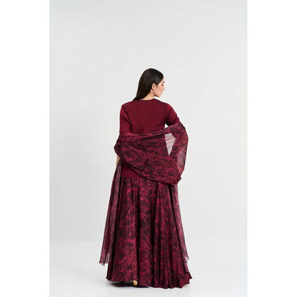KOSWI Maroon Cherry Print Lehenga with Top and Dupatta (Set of 3)