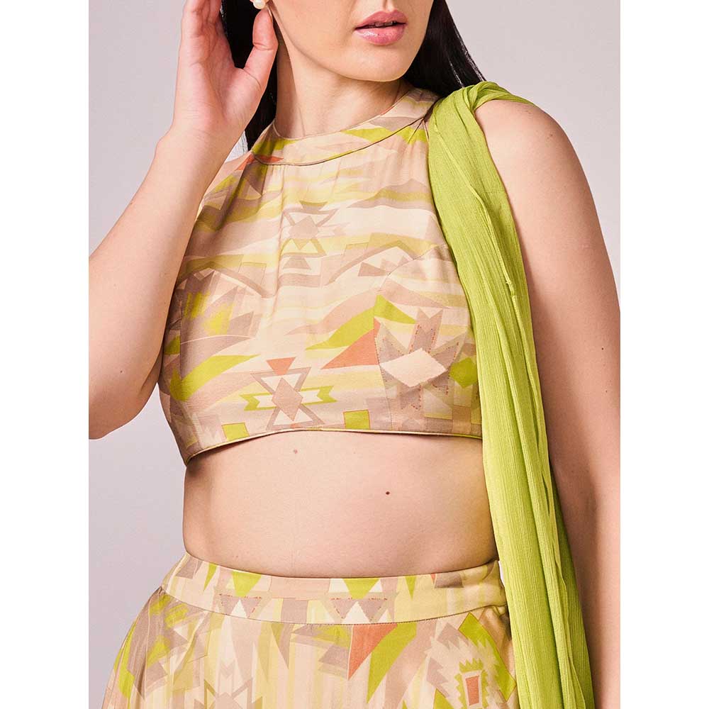 KOSWI Yellow Geometric Print Lehenga with Blouse and Dupatta (Set of 3)