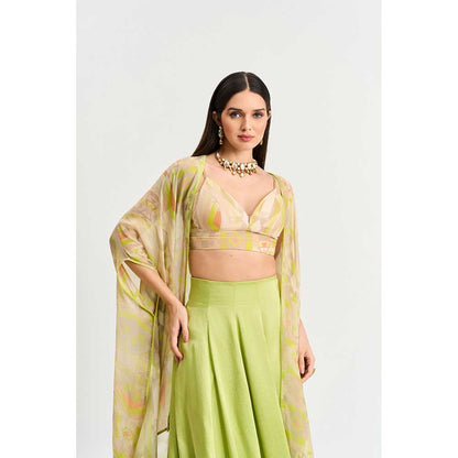 KOSWI Lime Green Geometric Print Lehenga with Blouse and Cape (Set of 3)