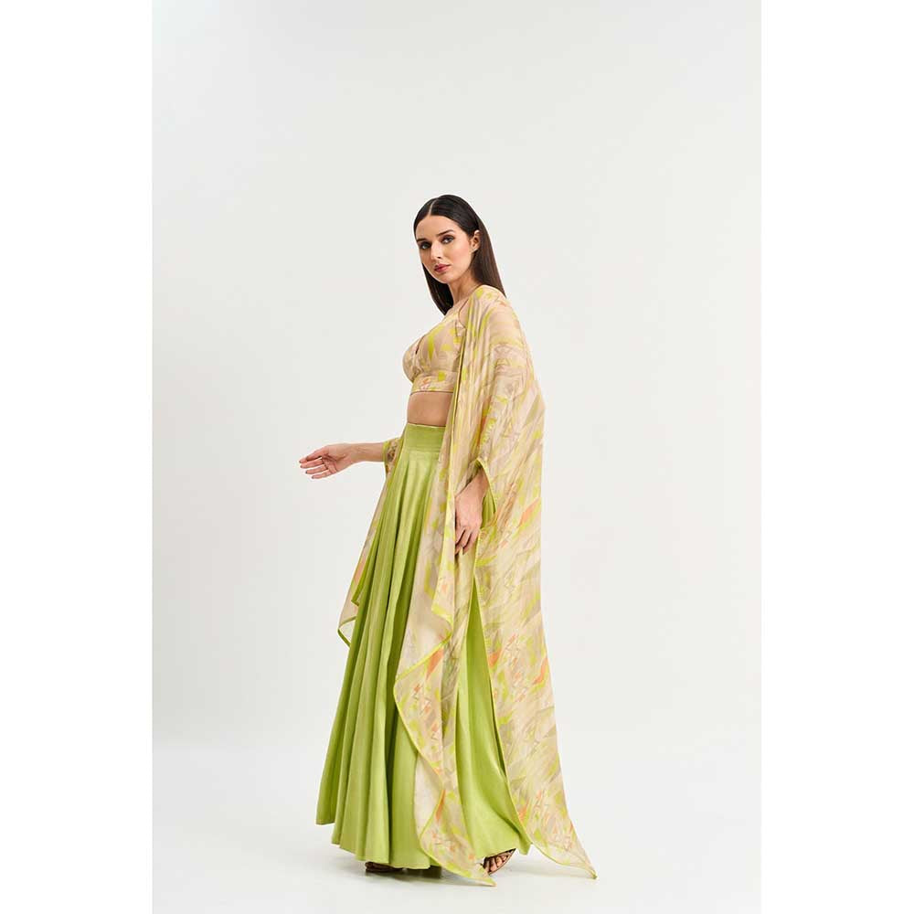 KOSWI Lime Green Geometric Print Lehenga with Blouse and Cape (Set of 3)