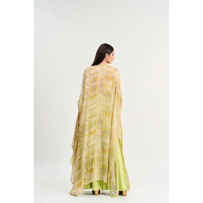 KOSWI Lime Green Geometric Print Lehenga with Blouse and Cape (Set of 3)
